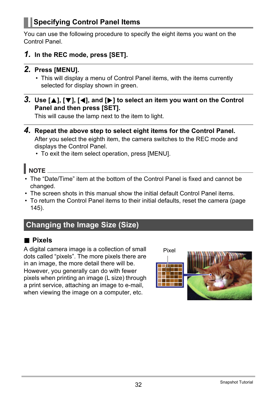 Specifying control panel items, Changing the image size (size) | Casio EX-Z2300 User Manual | Page 32 / 191