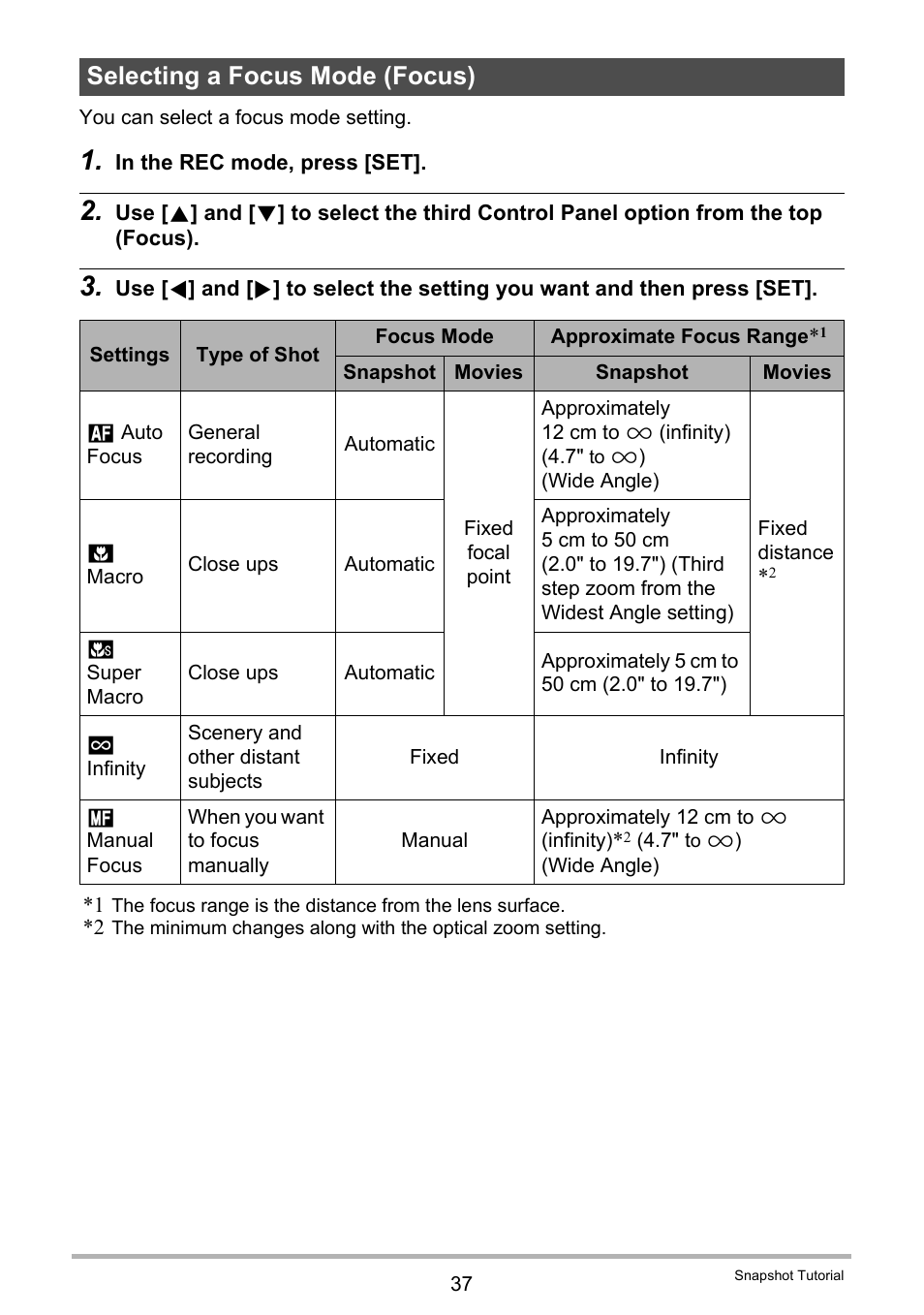 Selecting a focus mode (focus) | Casio EX-Z2300 User Manual | Page 37 / 191