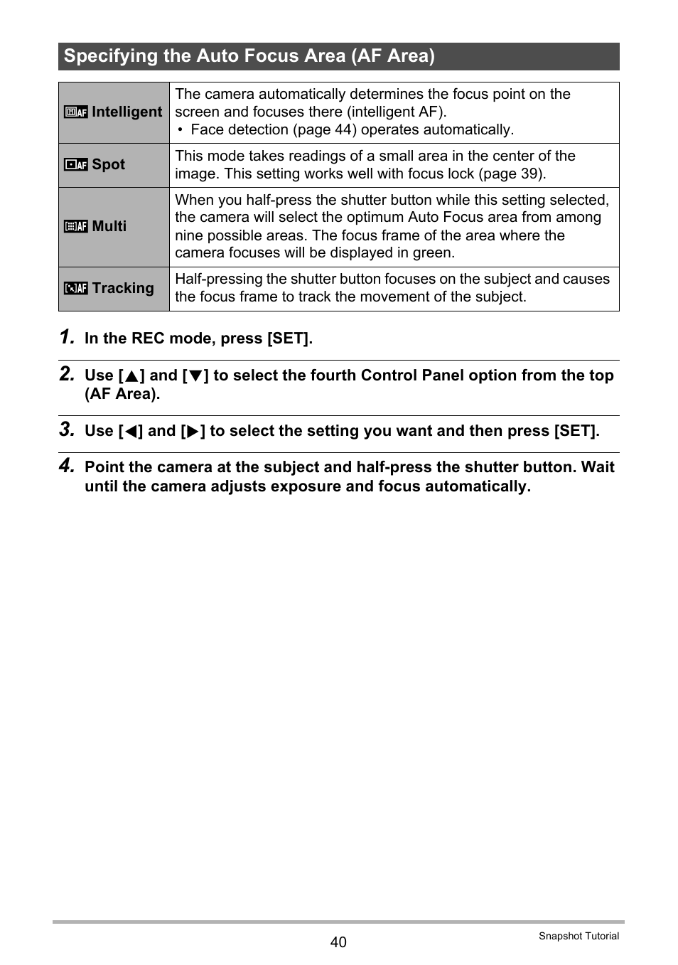 Specifying the auto focus area (af area) | Casio EX-Z2300 User Manual | Page 40 / 191