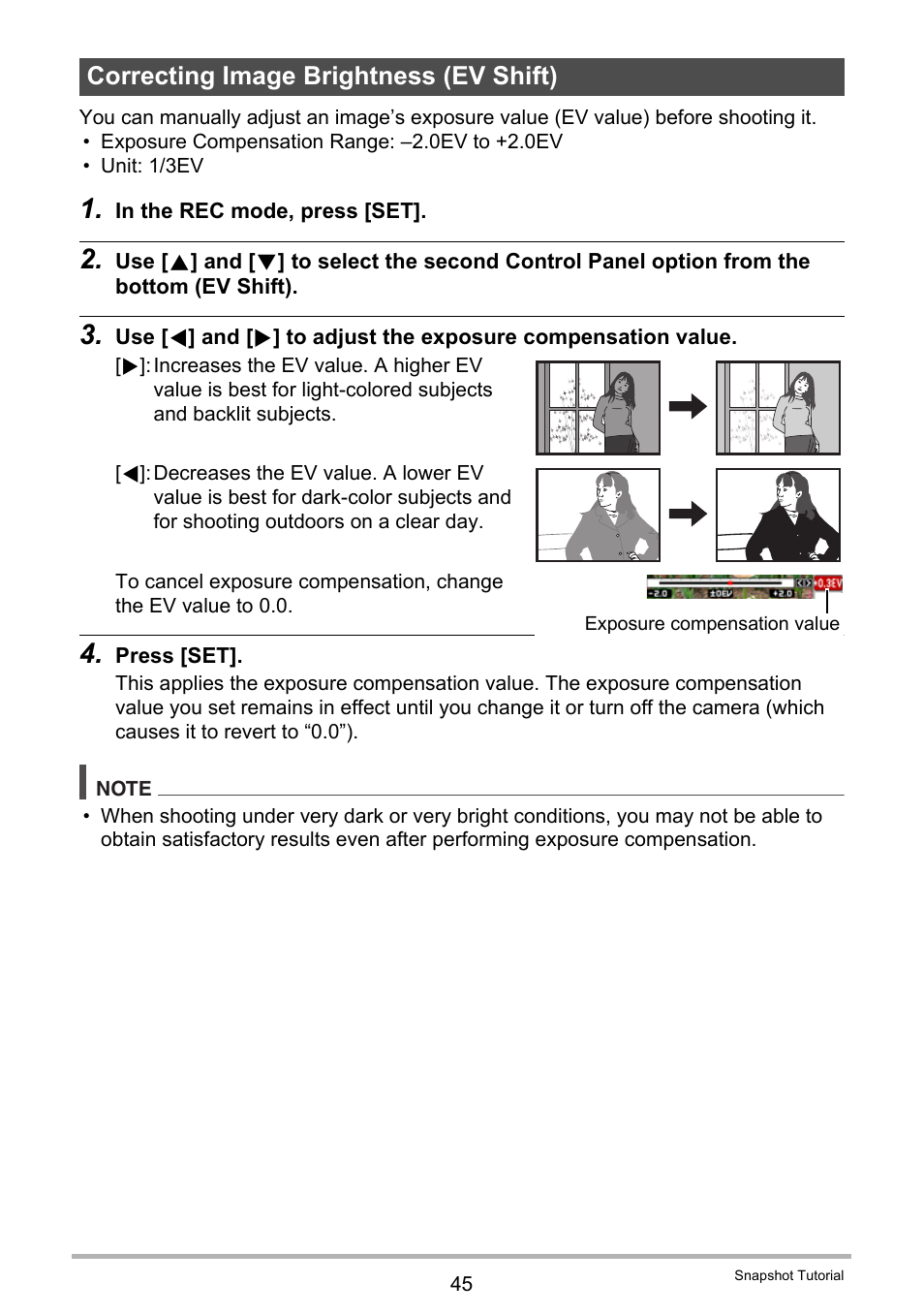 Correcting image brightness (ev shift) | Casio EX-Z2300 User Manual | Page 45 / 191