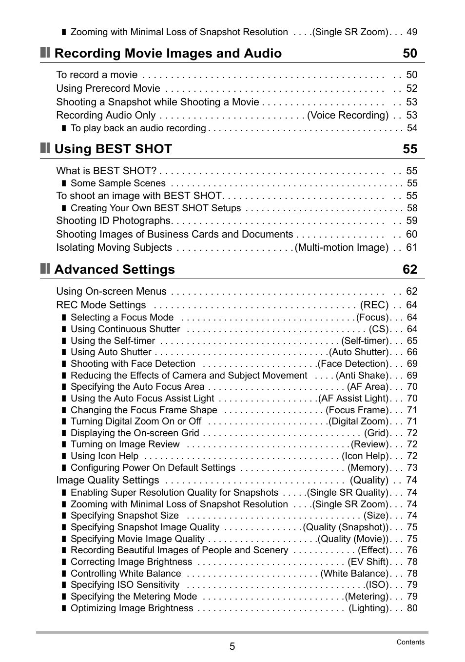 Recording movie images and audio 50, Using best shot 55, Advanced settings 62 | Casio EX-Z2300 User Manual | Page 5 / 191