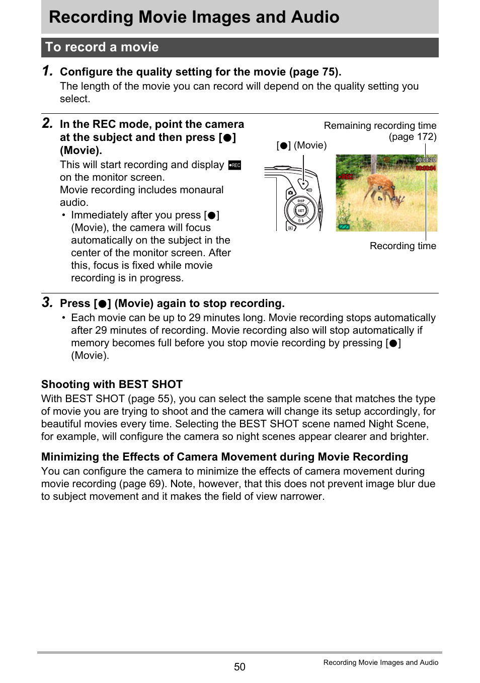 Recording movie images and audio, To record a movie | Casio EX-Z2300 User Manual | Page 50 / 191