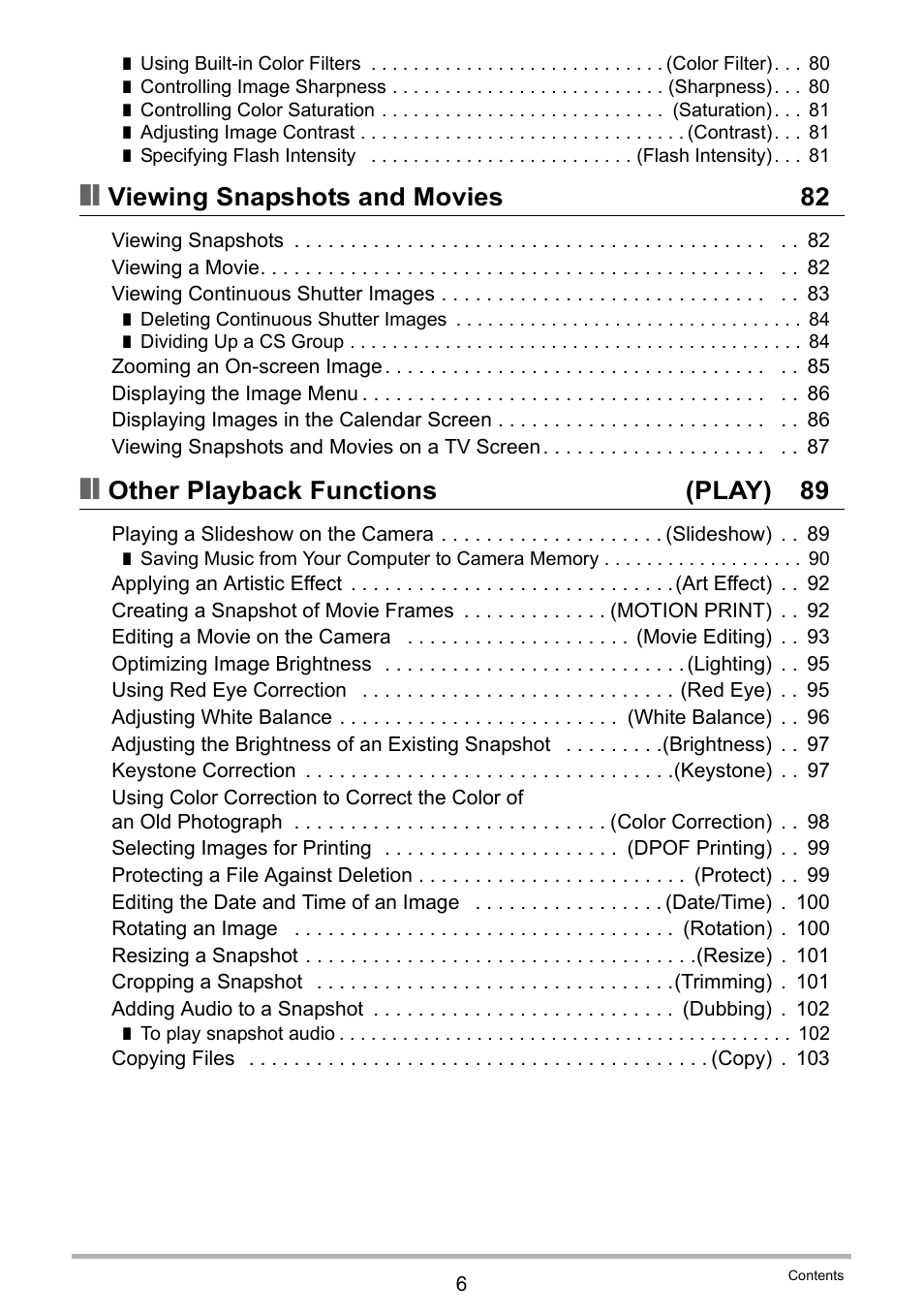 Viewing snapshots and movies 82, Other playback functions (play) 89 | Casio EX-Z2300 User Manual | Page 6 / 191