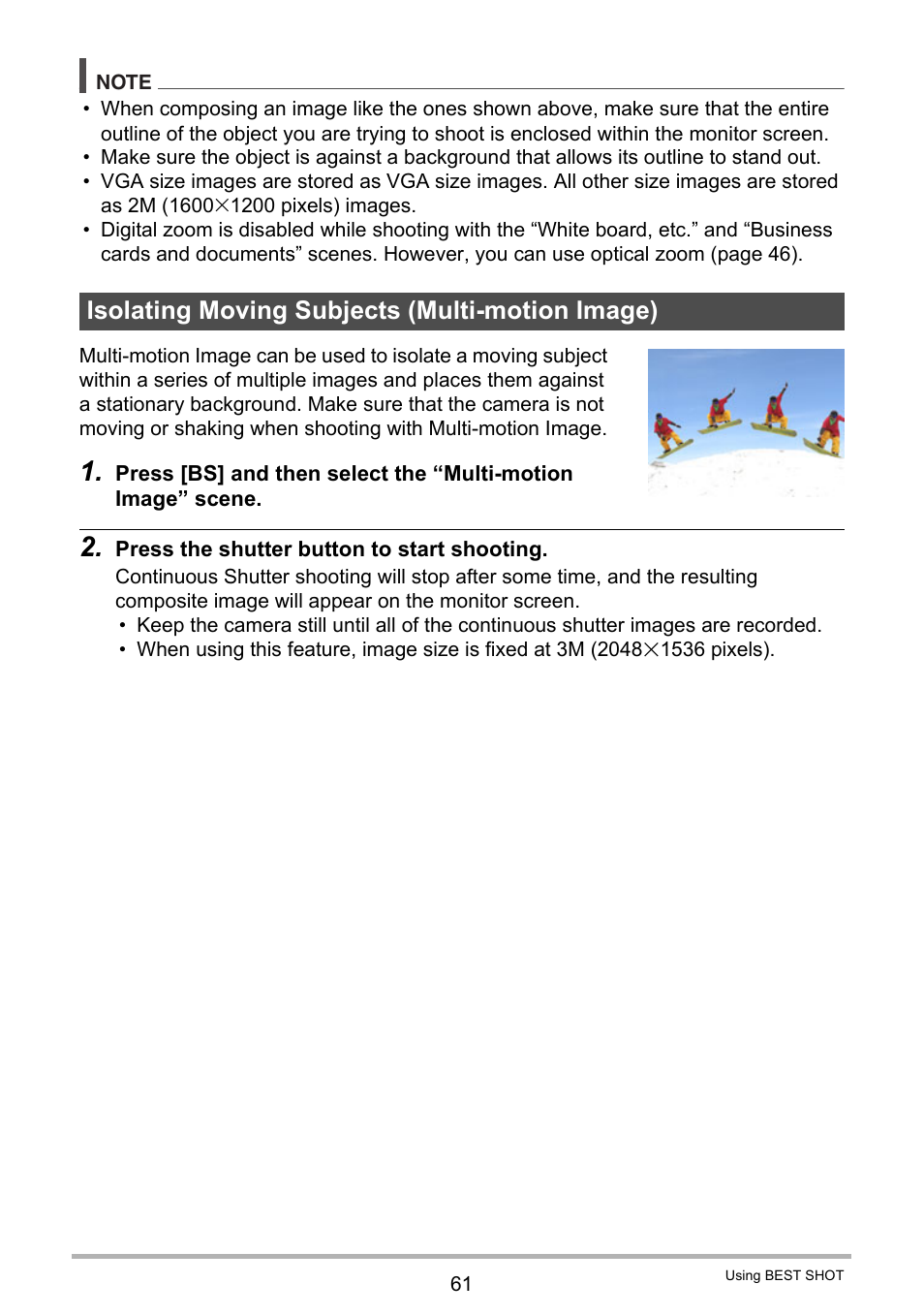 Isolating moving subjects (multi-motion image) | Casio EX-Z2300 User Manual | Page 61 / 191