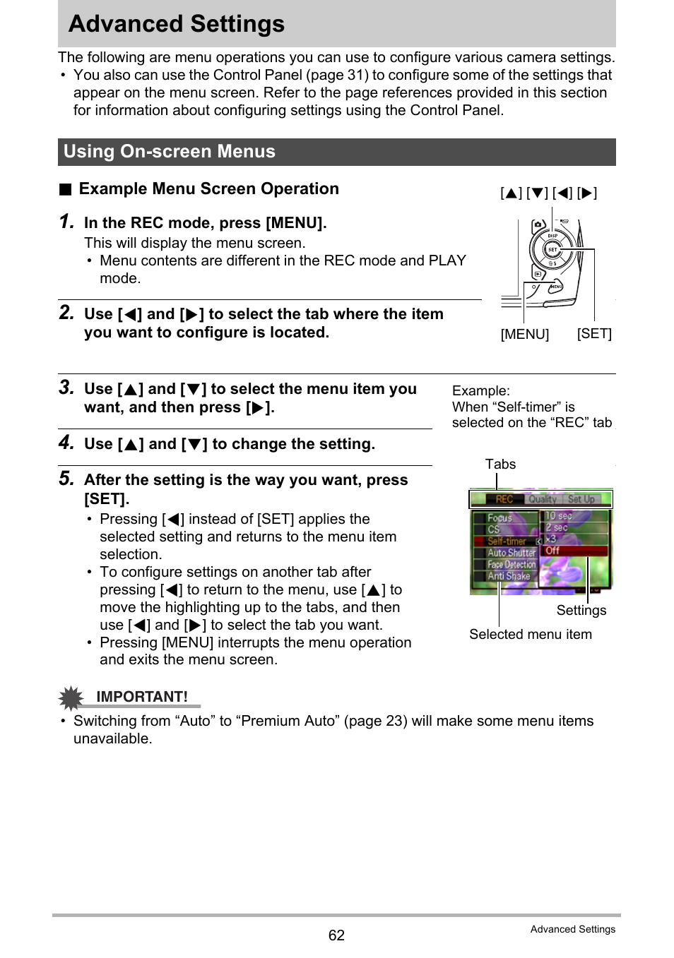 Advanced settings, Using on-screen menus | Casio EX-Z2300 User Manual | Page 62 / 191