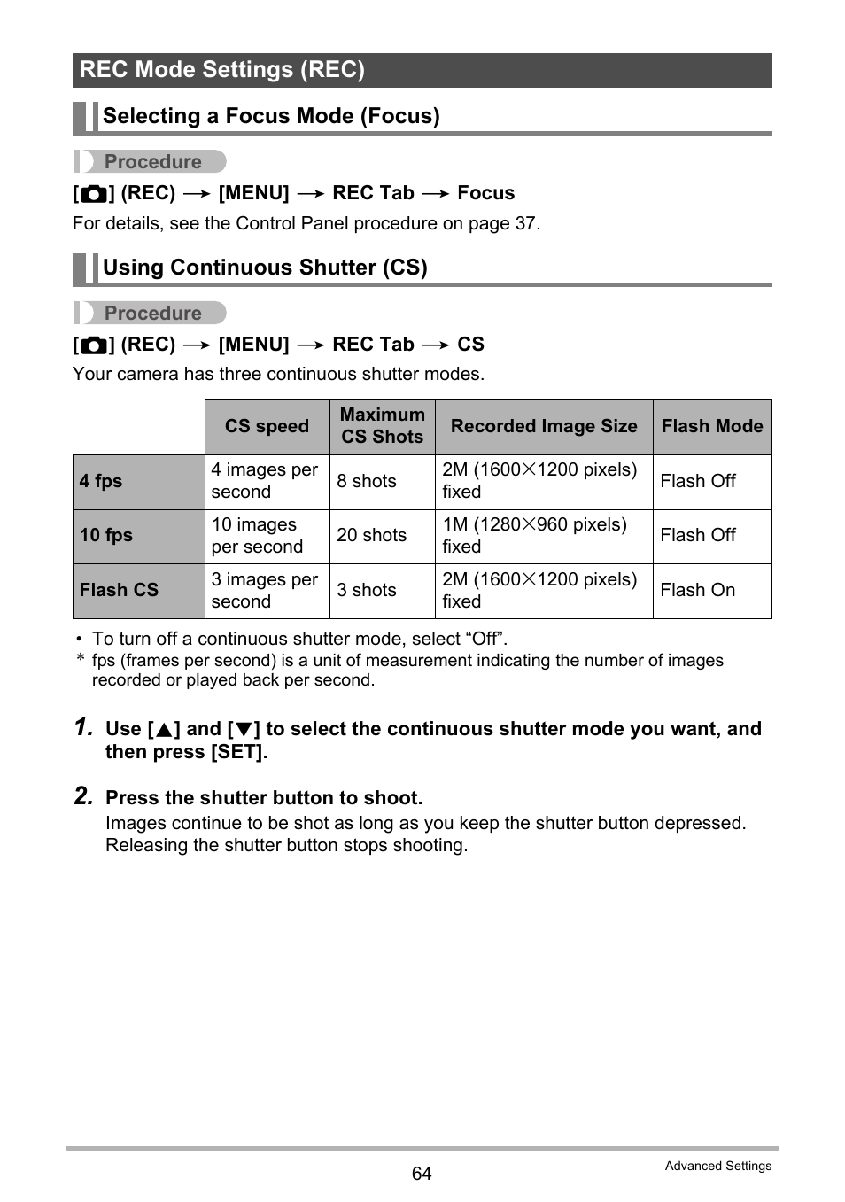 Rec mode settings (rec), Selecting a focus mode (focus), Using continuous shutter (cs) | Casio EX-Z2300 User Manual | Page 64 / 191