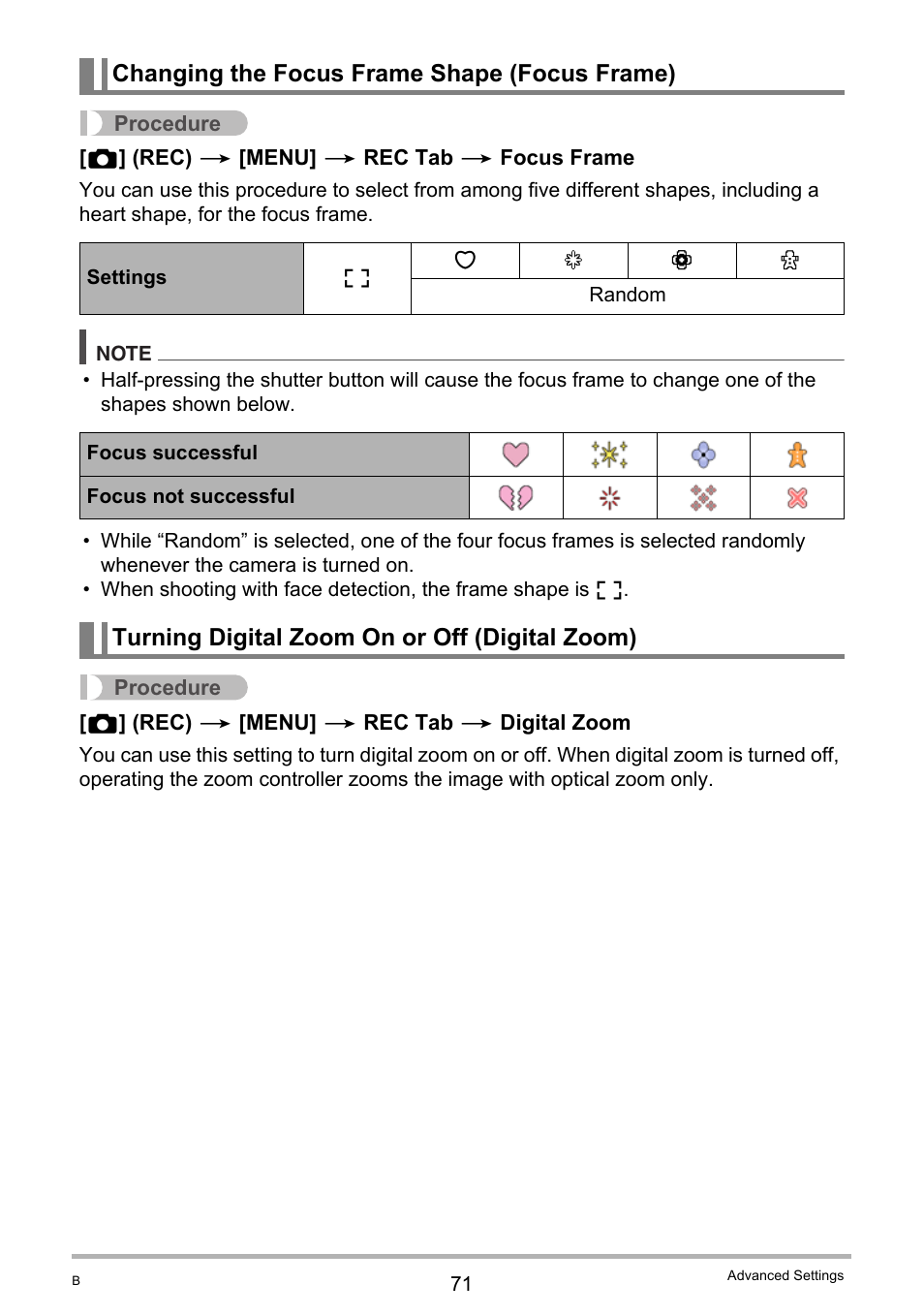 Changing the focus frame shape (focus frame), Turning digital zoom on or off (digital zoom) | Casio EX-Z2300 User Manual | Page 71 / 191