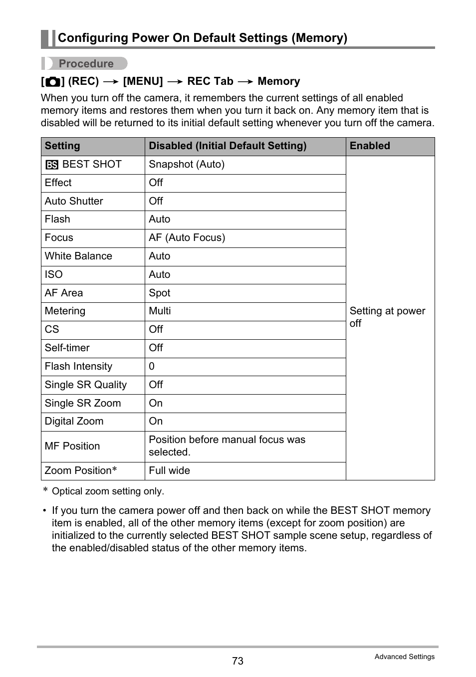 Configuring power on default settings (memory) | Casio EX-Z2300 User Manual | Page 73 / 191