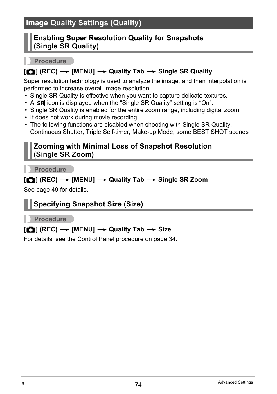 Image quality settings (quality), Specifying snapshot size (size) | Casio EX-Z2300 User Manual | Page 74 / 191