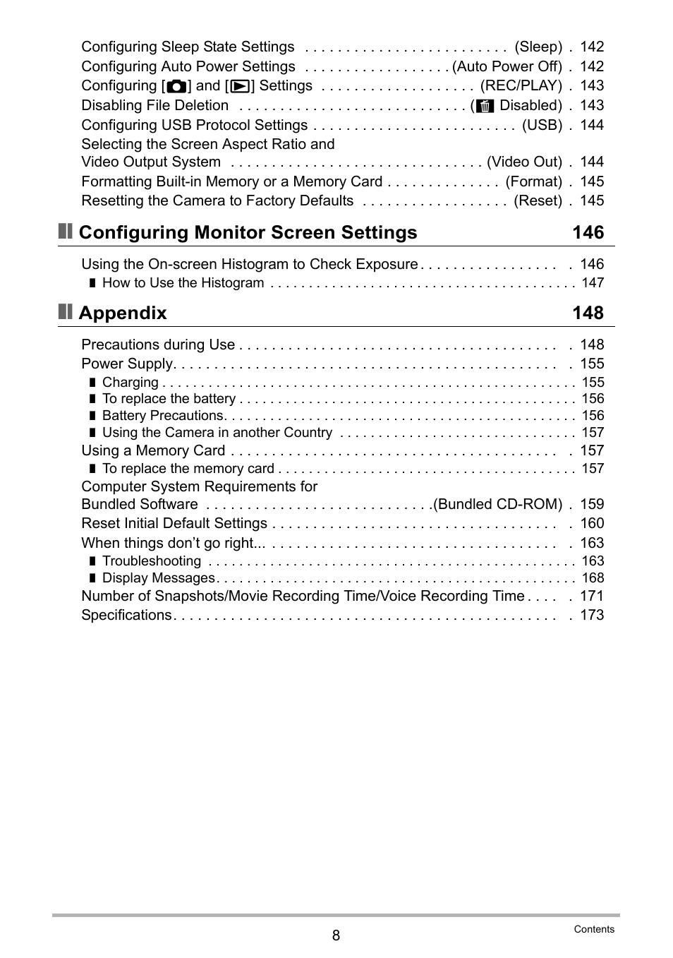 Configuring monitor screen settings 146, Appendix 148 | Casio EX-Z2300 User Manual | Page 8 / 191