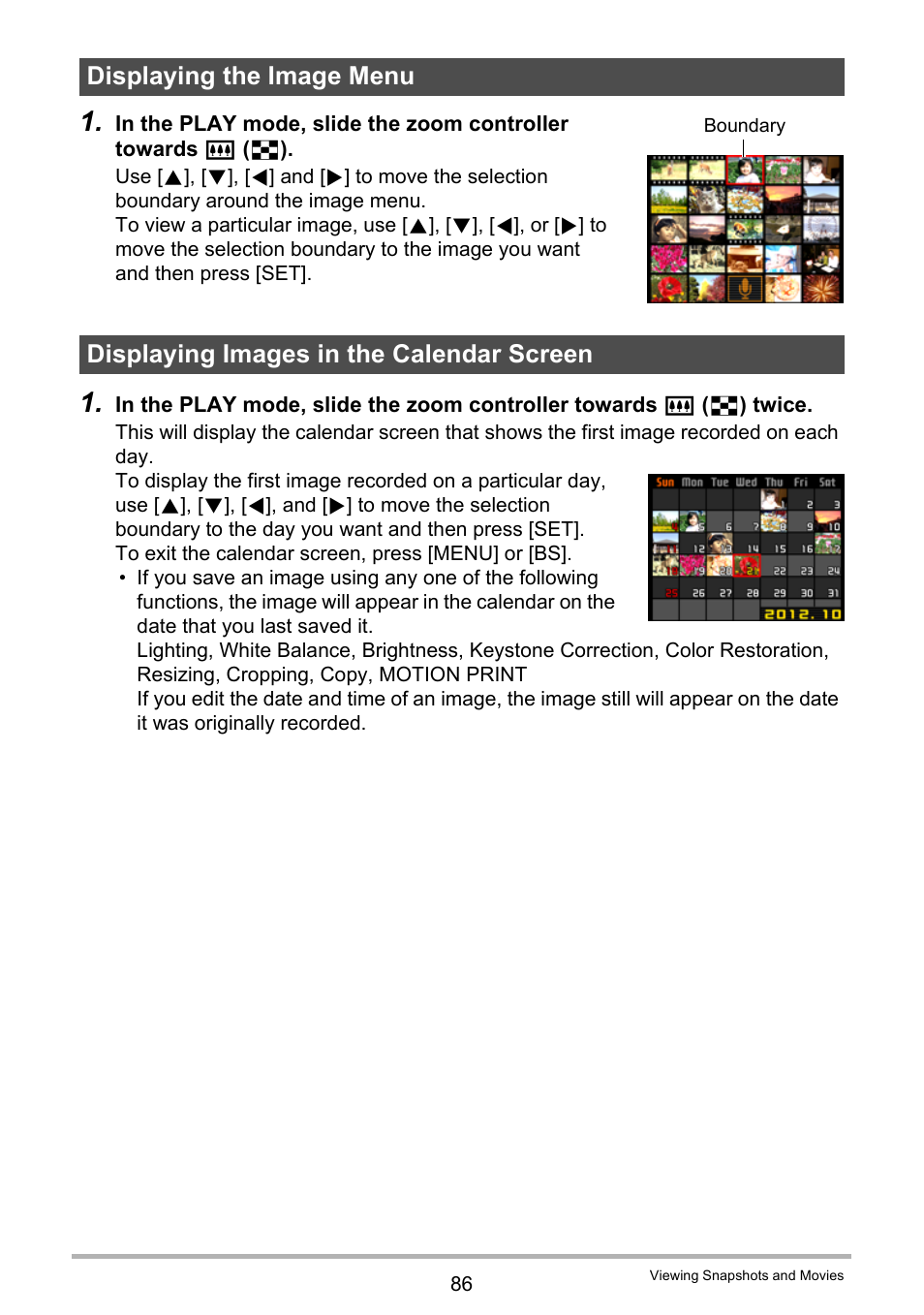 Displaying the image menu, Displaying images in the calendar screen | Casio EX-Z2300 User Manual | Page 86 / 191