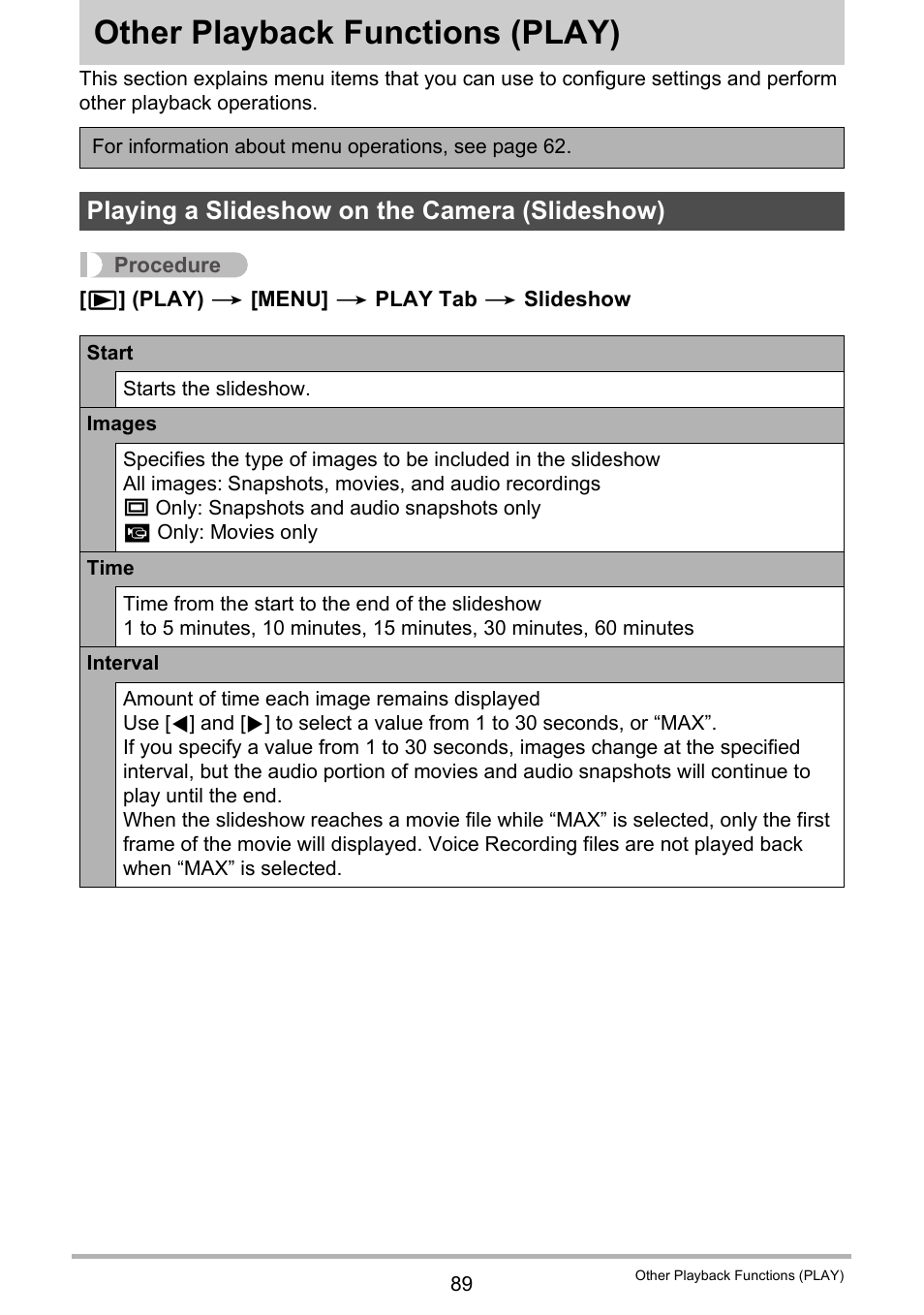 Other playback functions (play), Playing a slideshow on the camera (slideshow), Other playback functions | Play) 89 | Casio EX-Z2300 User Manual | Page 89 / 191