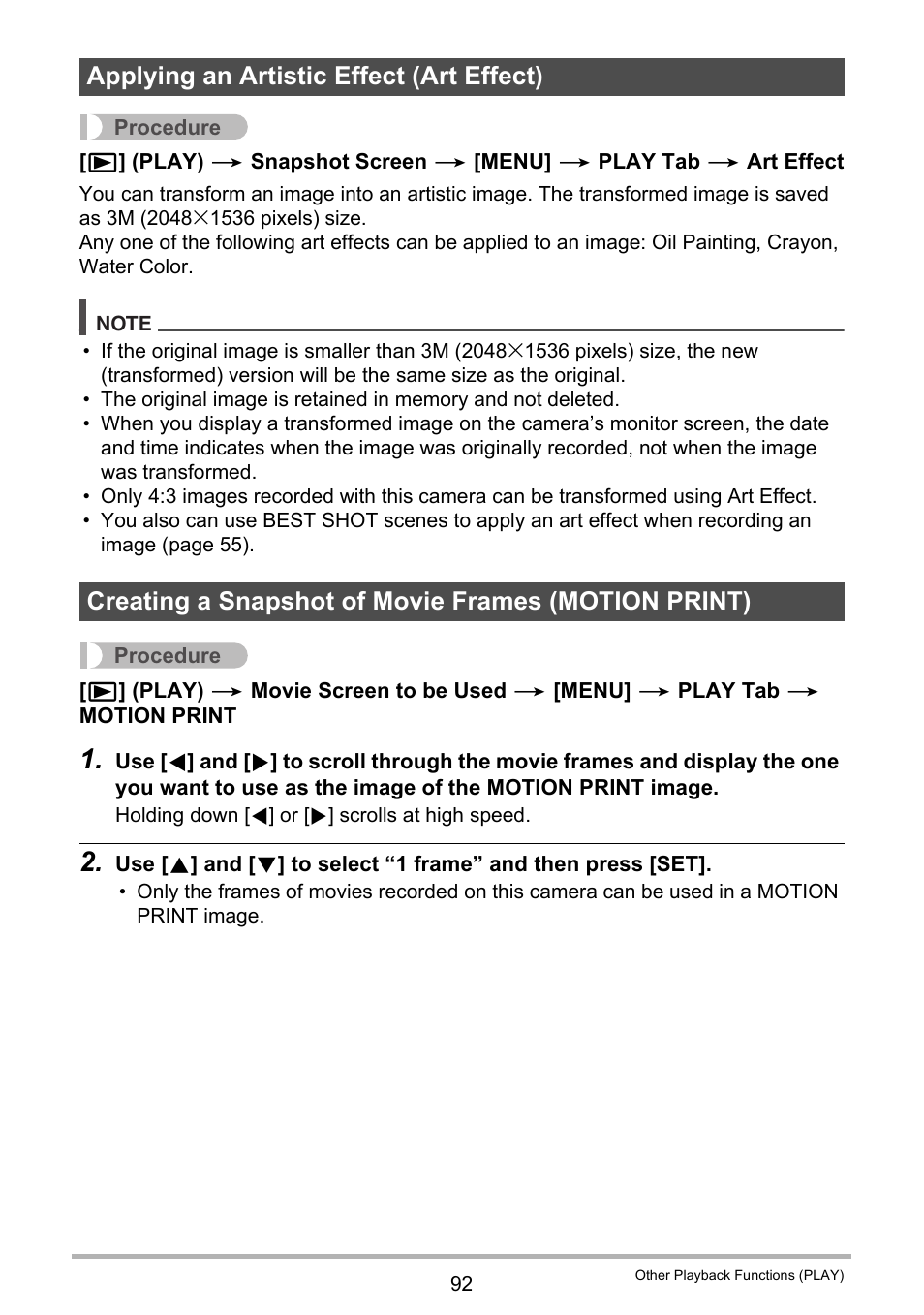 Applying an artistic effect (art effect), Creating a snapshot of movie frames (motion print) | Casio EX-Z2300 User Manual | Page 92 / 191