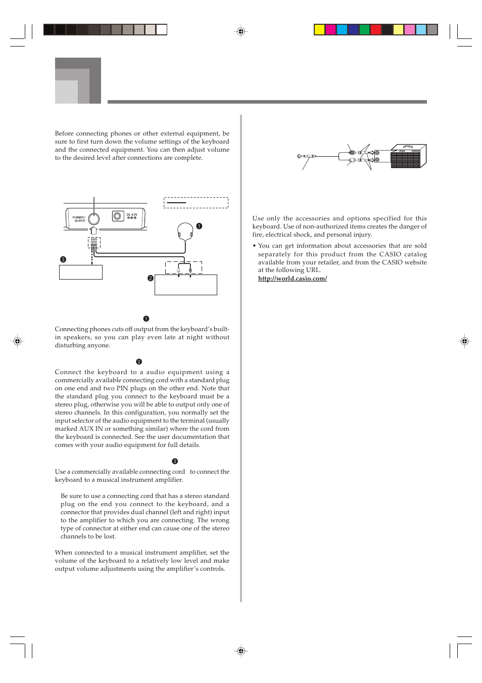 Connections, Phones/output terminal, Accessories and options | E-14 | Casio CTK1100ES1A User Manual | Page 16 / 44