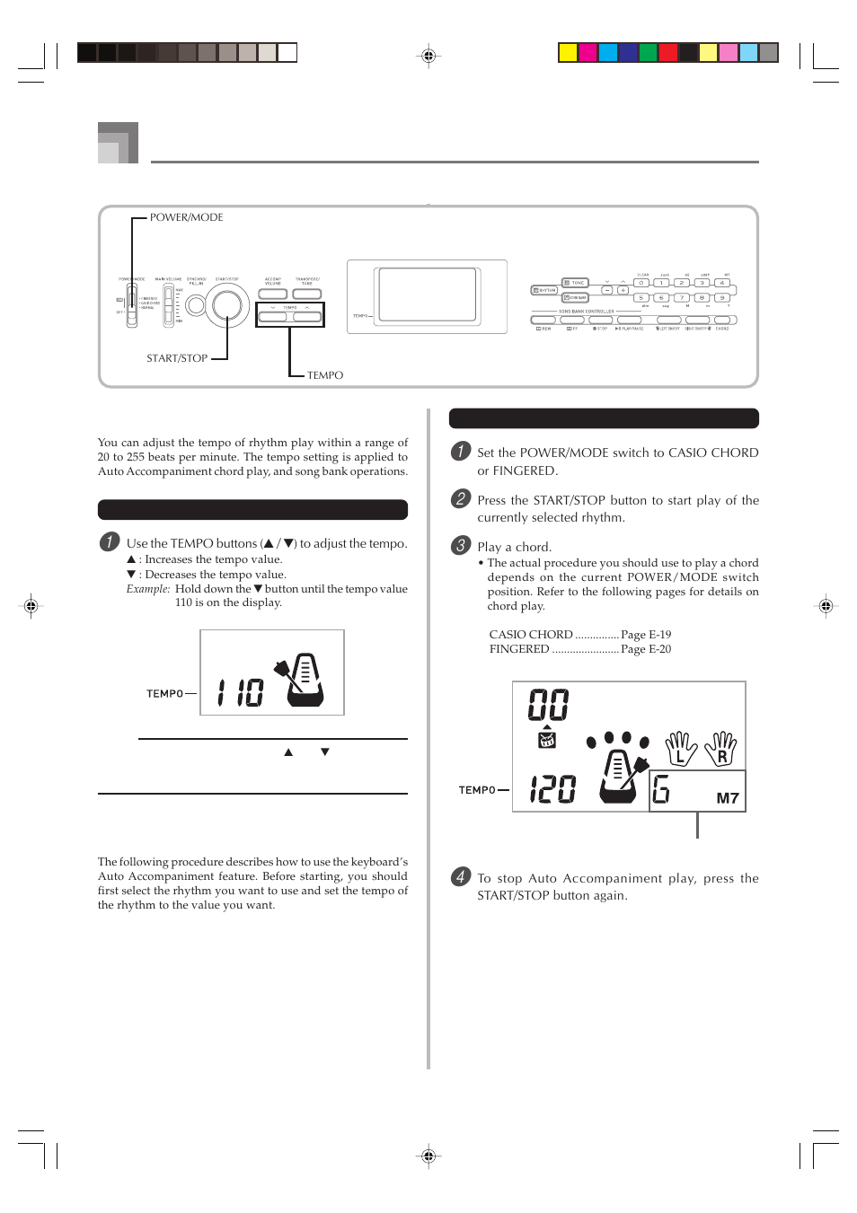 Adjusting the tempo, Using auto accompaniment | Casio CTK1100ES1A User Manual | Page 20 / 44