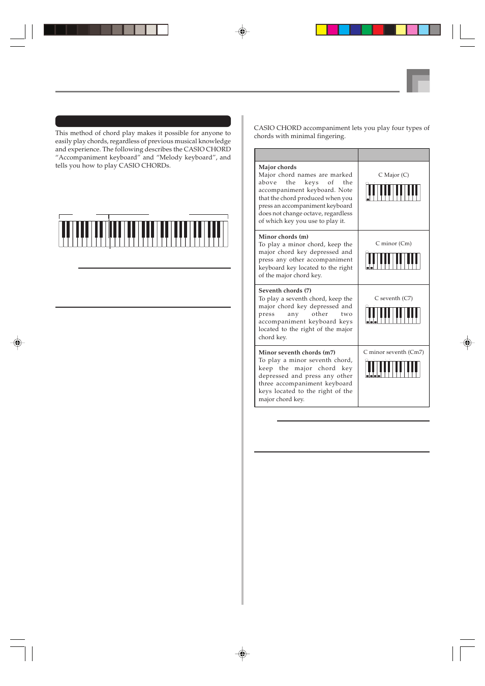 Casio chord, E-19 auto accompaniment, Chord types | Chord types example | Casio CTK1100ES1A User Manual | Page 21 / 44