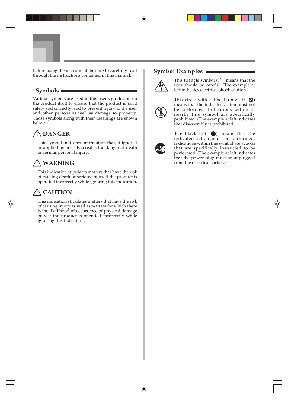 Safety precautions, Symbols, Danger | Warning, Caution, Symbol examples | Casio CTK1100ES1A User Manual | Page 3 / 44