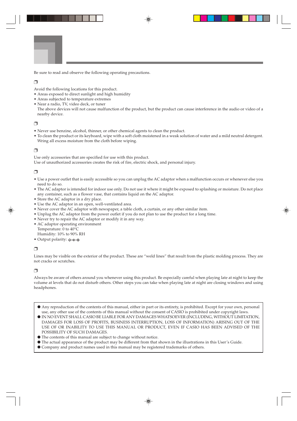 Operating precautions | Casio CTK1100ES1A User Manual | Page 37 / 44