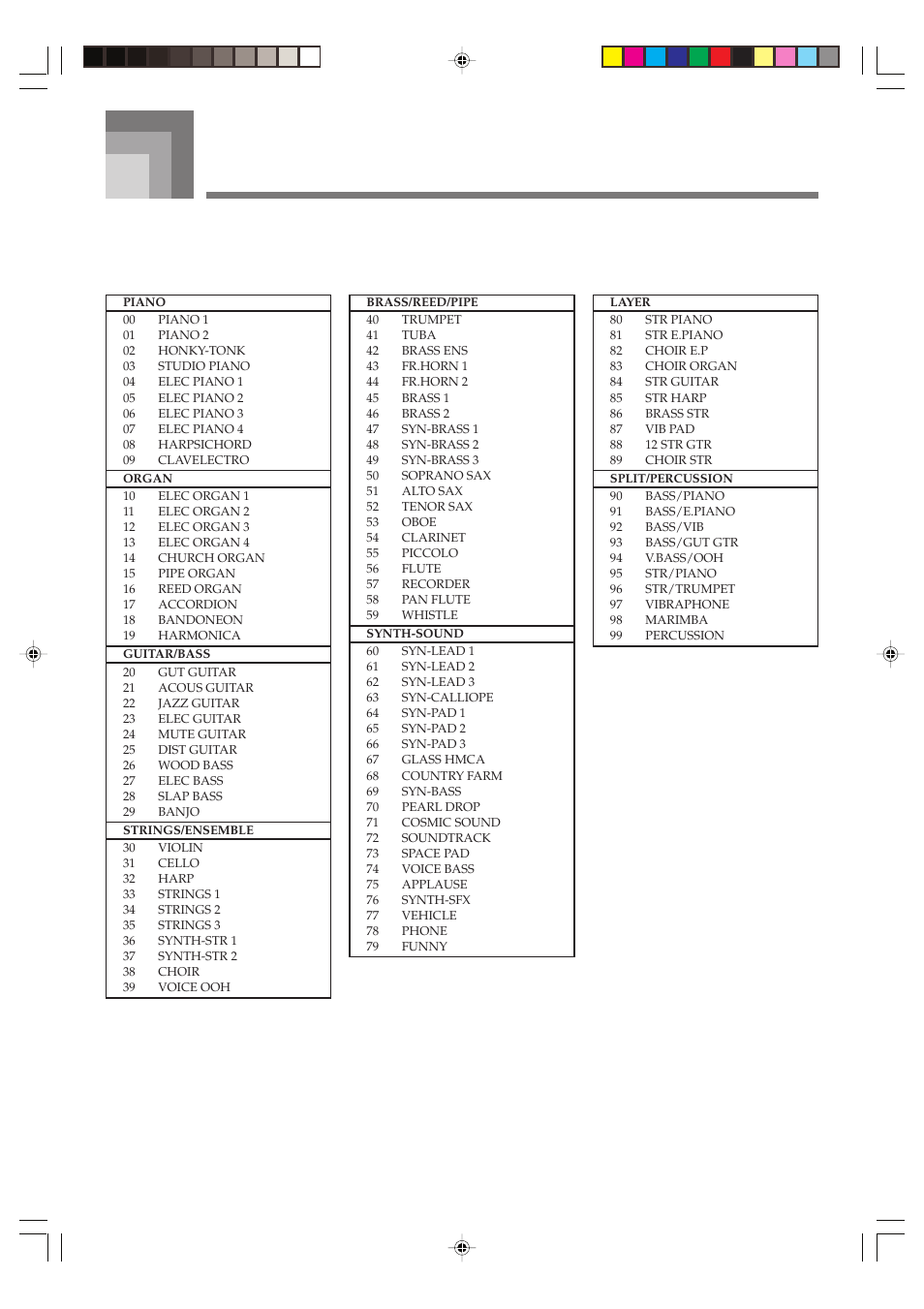 Appendix/apéndice, Tone list lista de sonidos | Casio CTK1100ES1A User Manual | Page 38 / 44