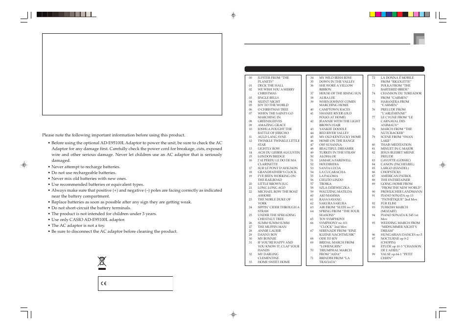 Song list / lista de canciones, Notice, Fcc warning | Important, Song bank / banco de canciones, Appendix/apéndice a-6 | Casio CTK1100ES1A User Manual | Page 43 / 44