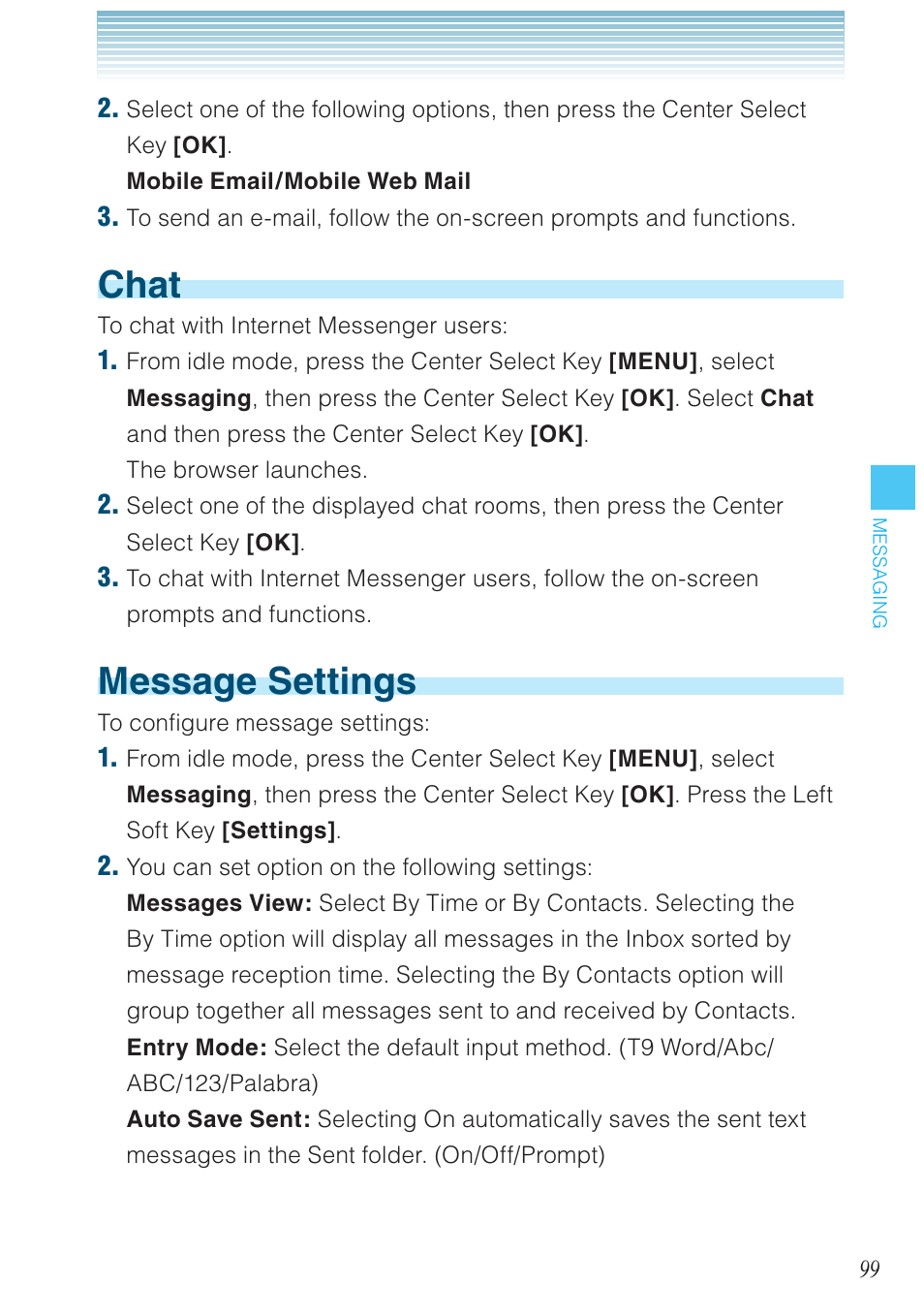 Chat, Message settings | Casio G'zOne Rock User Manual | Page 100 / 201
