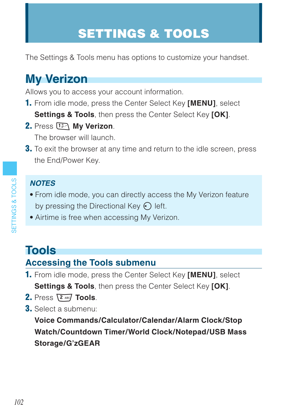 My verizon, Tools, Settings & tools | Casio G'zOne Rock User Manual | Page 103 / 201