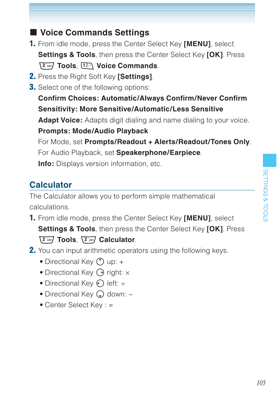 Voice commands settings, Calculator | Casio G'zOne Rock User Manual | Page 106 / 201