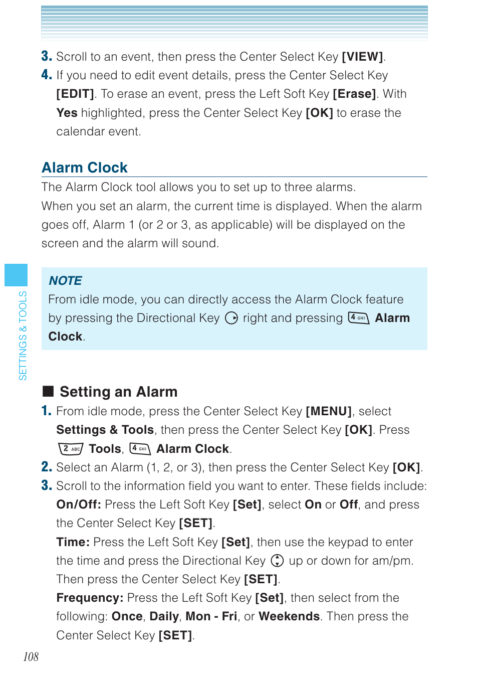 Alarm clock, Setting an alarm | Casio G'zOne Rock User Manual | Page 109 / 201