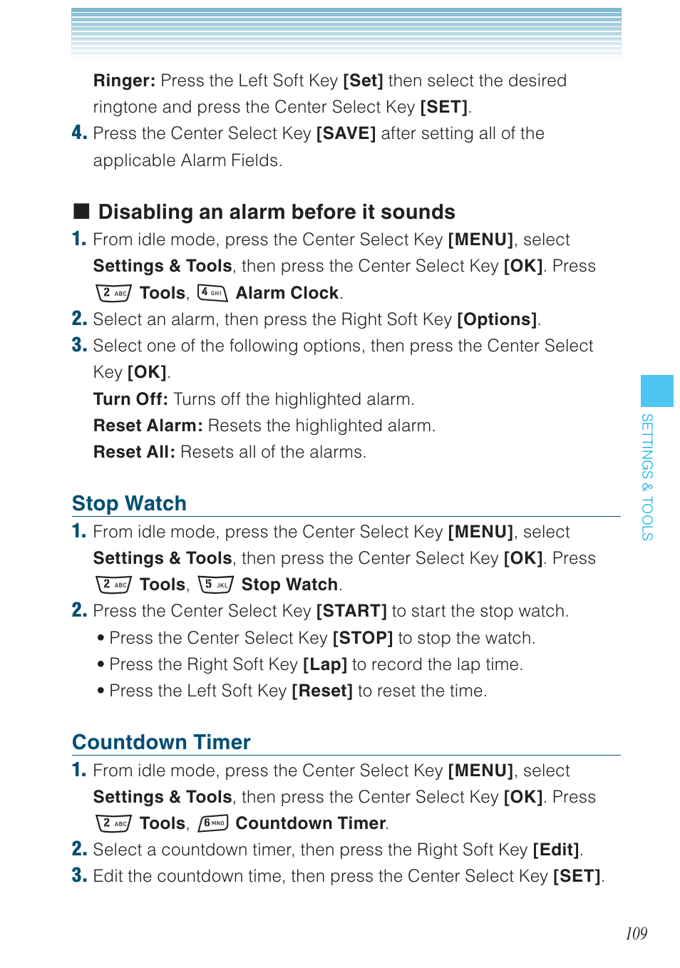 Disabling an alarm before it sounds, Stop watch, Countdown timer | Casio G'zOne Rock User Manual | Page 110 / 201