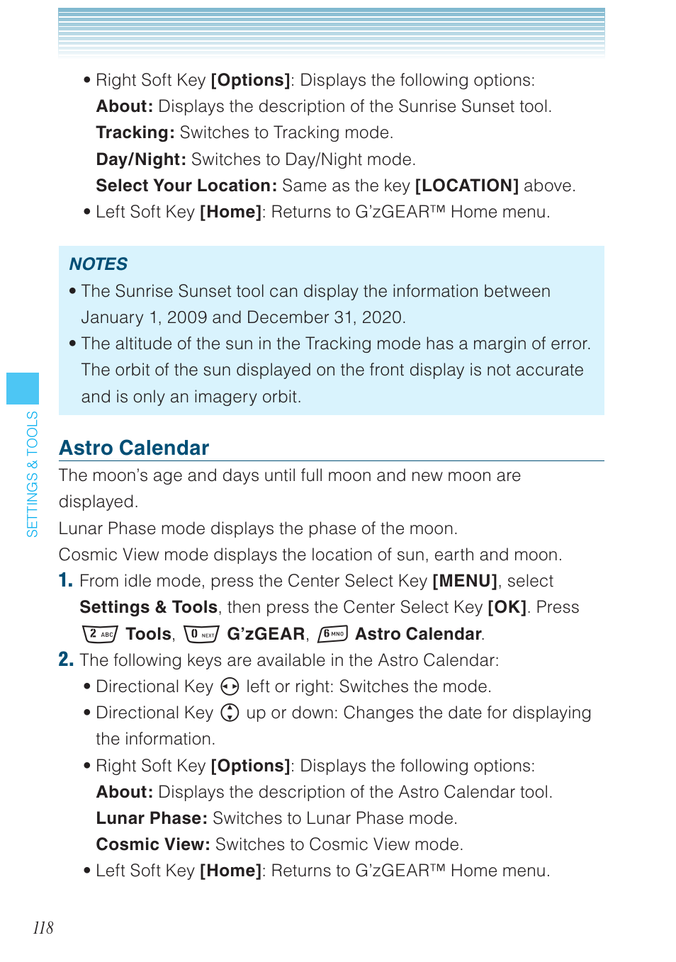 Astro calendar | Casio G'zOne Rock User Manual | Page 119 / 201