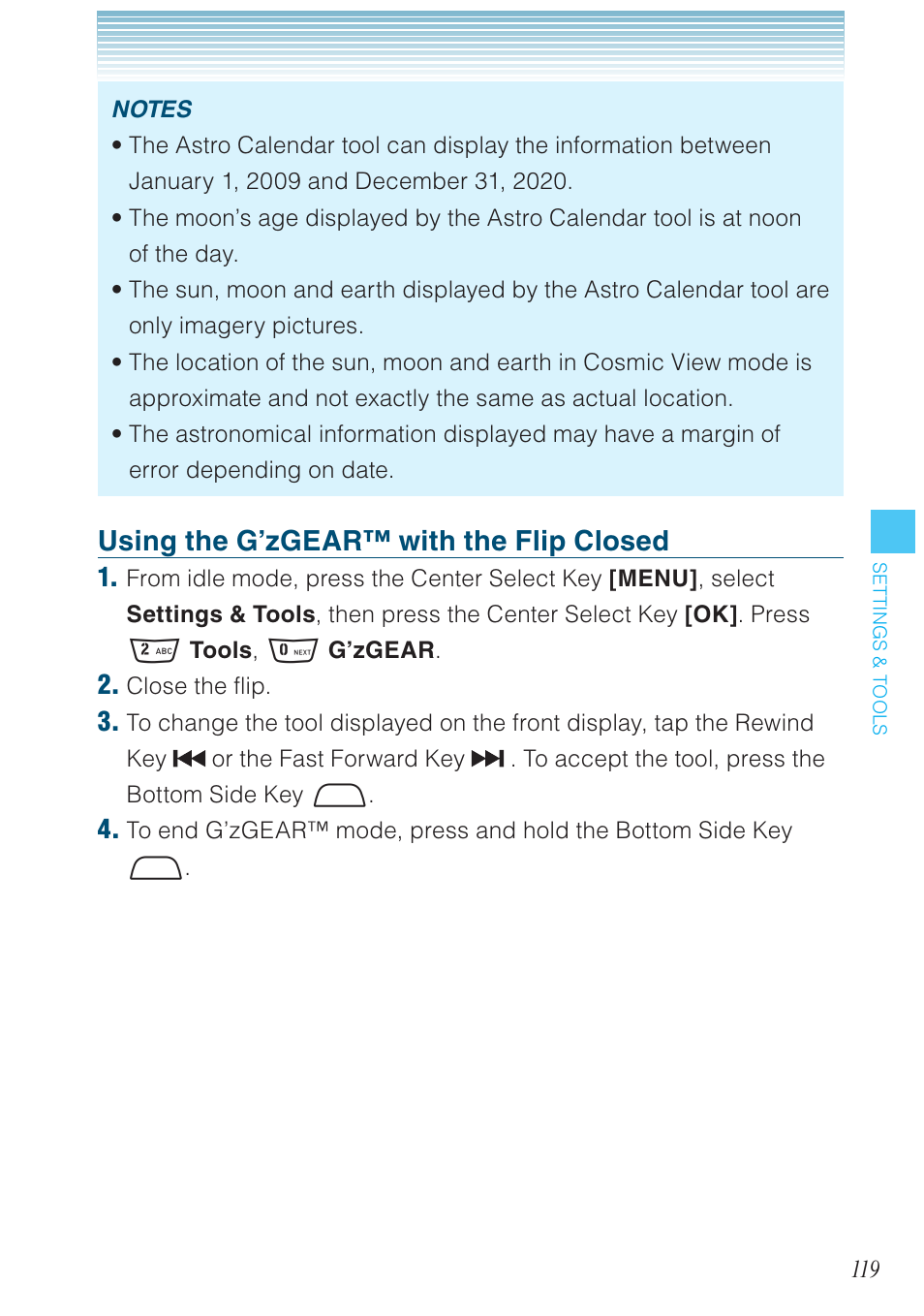 Using the g’zgear™ with the flip closed | Casio G'zOne Rock User Manual | Page 120 / 201