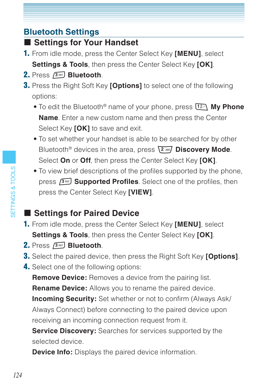 Bluetooth settings settings for your handset, Settings for paired device | Casio G'zOne Rock User Manual | Page 125 / 201