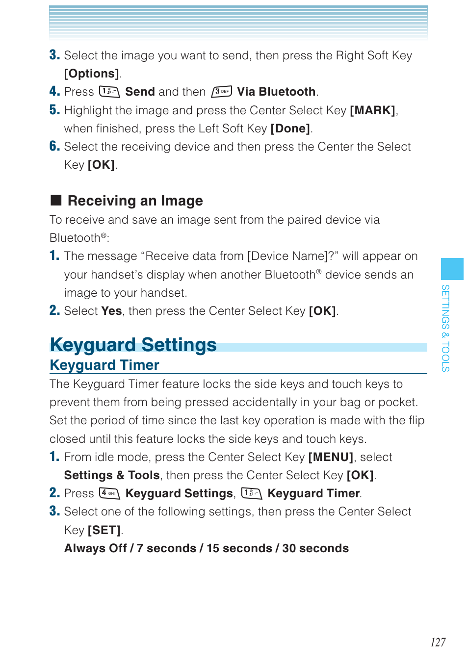 Keyguard settings, Receiving an image, Keyguard timer | Casio G'zOne Rock User Manual | Page 128 / 201