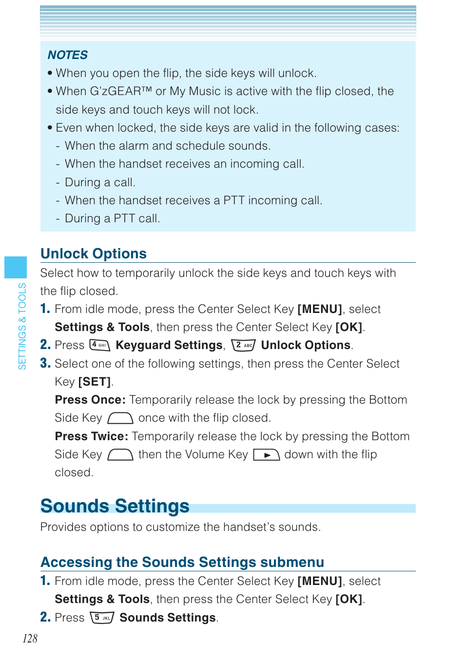 Sounds settings, Unlock options, Accessing the sounds settings submenu | Casio G'zOne Rock User Manual | Page 129 / 201