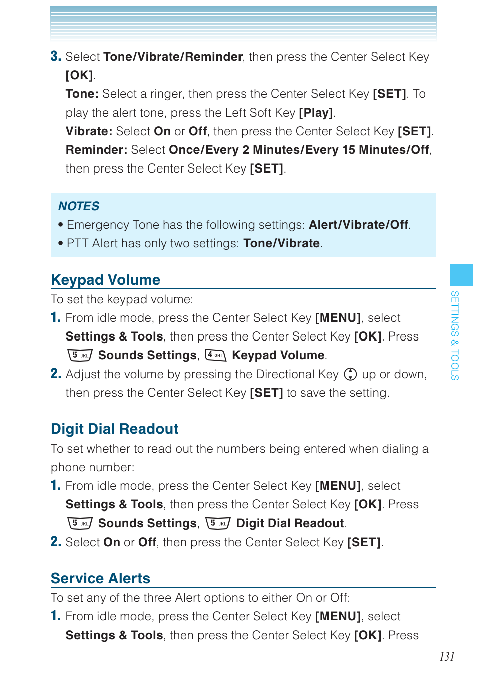 Keypad volume, Digit dial readout, Service alerts | Casio G'zOne Rock User Manual | Page 132 / 201