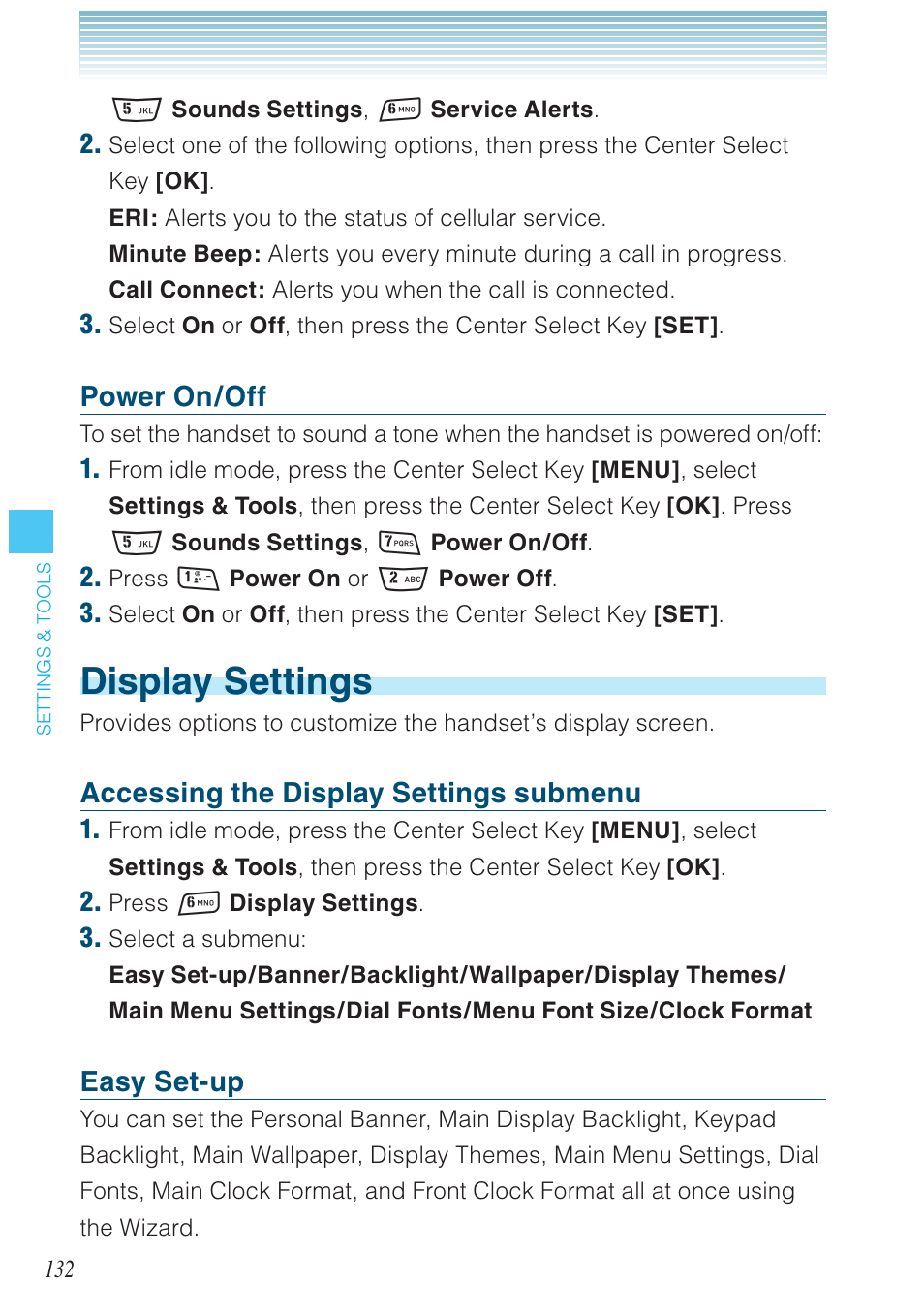 Display settings, Power on/off, Accessing the display settings submenu | Easy set-up | Casio G'zOne Rock User Manual | Page 133 / 201