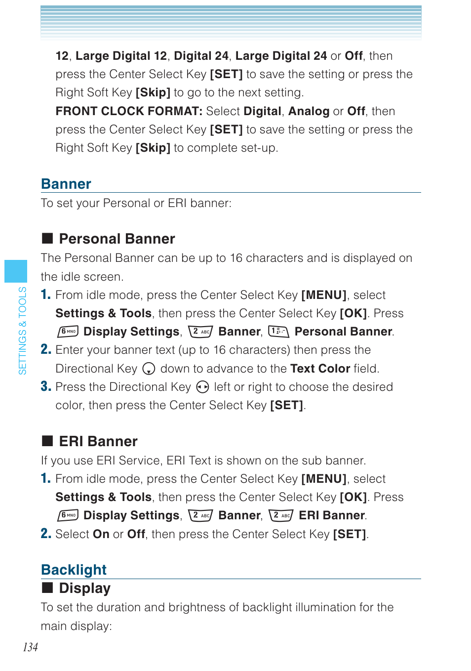 Banner, Personal banner, Eri banner | Backlight display | Casio G'zOne Rock User Manual | Page 135 / 201