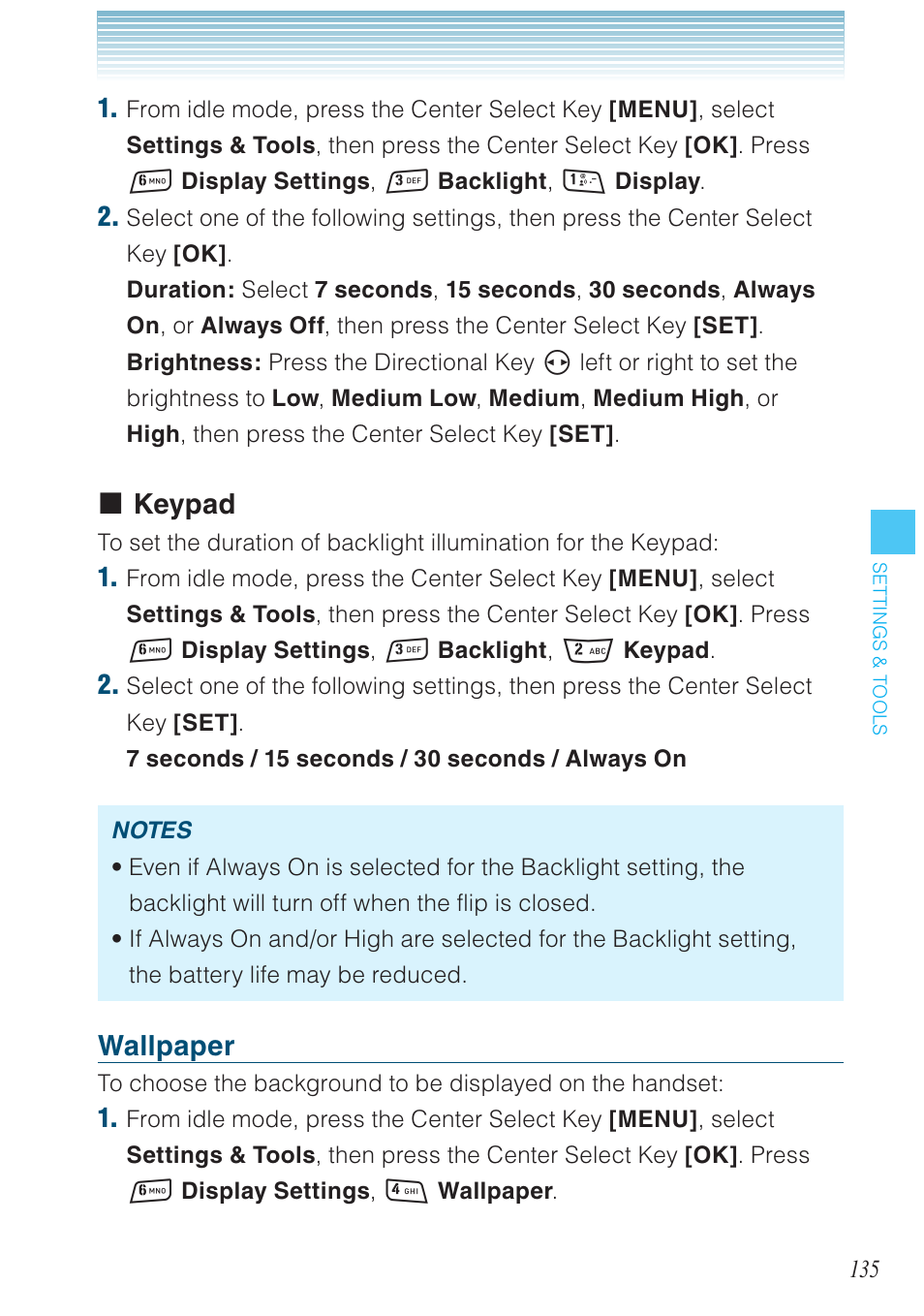 Keypad, Wallpaper | Casio G'zOne Rock User Manual | Page 136 / 201