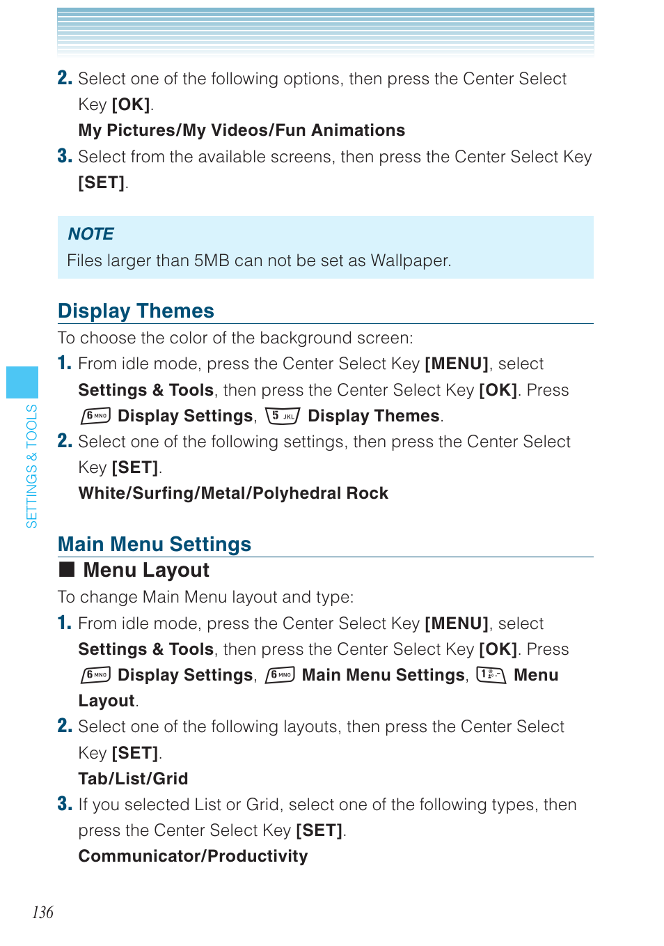 Display themes, Main menu settings menu layout | Casio G'zOne Rock User Manual | Page 137 / 201