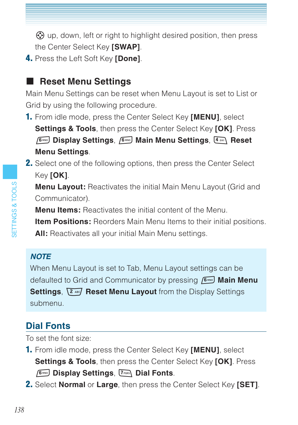 Reset menu settings, Dial fonts | Casio G'zOne Rock User Manual | Page 139 / 201