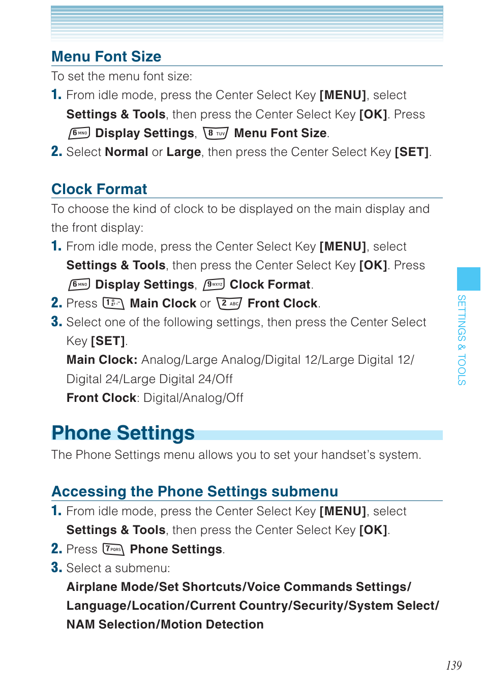 Phone settings, Menu font size, Clock format | Accessing the phone settings submenu | Casio G'zOne Rock User Manual | Page 140 / 201