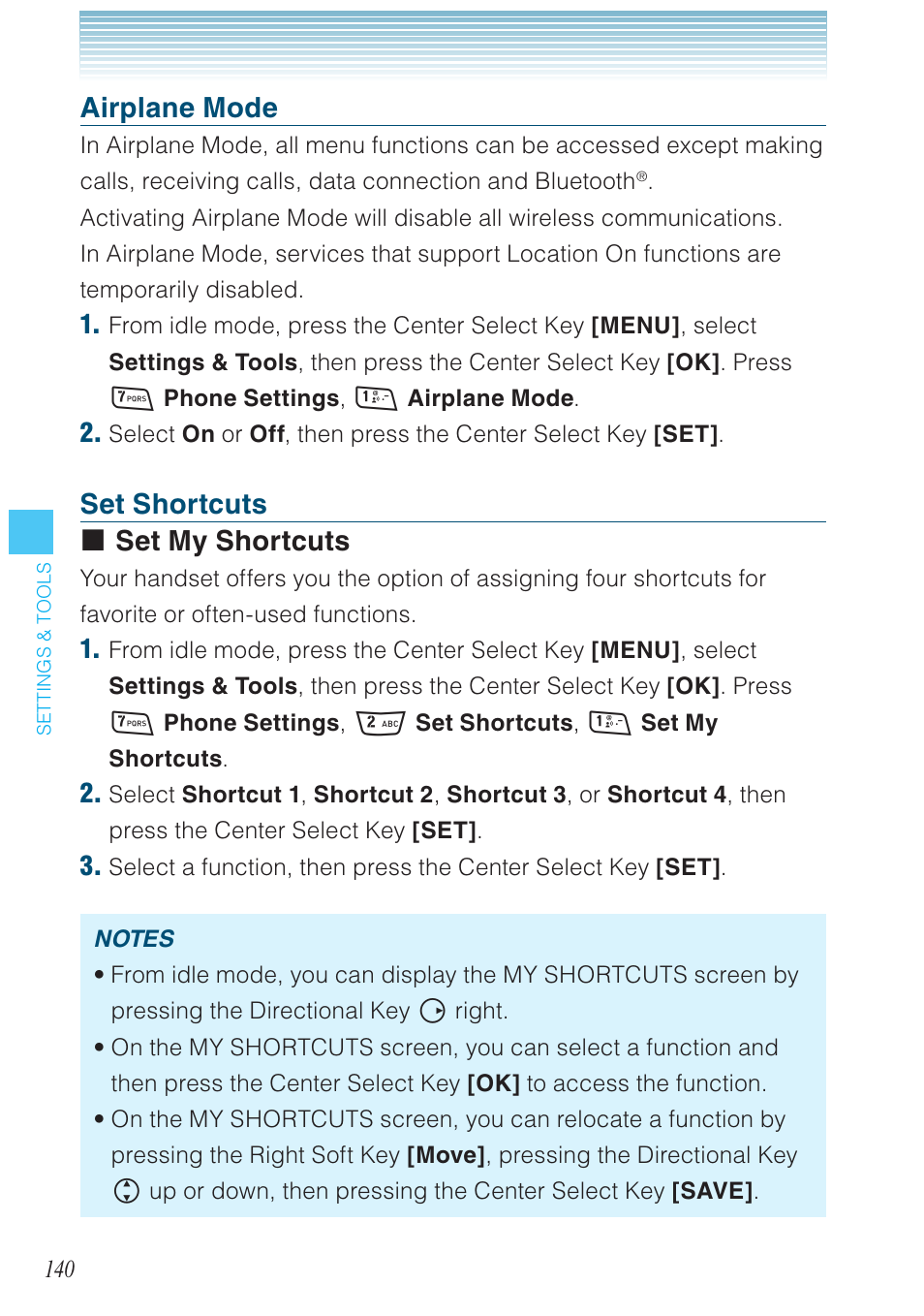 Airplane mode, Set shortcuts set my shortcuts | Casio G'zOne Rock User Manual | Page 141 / 201