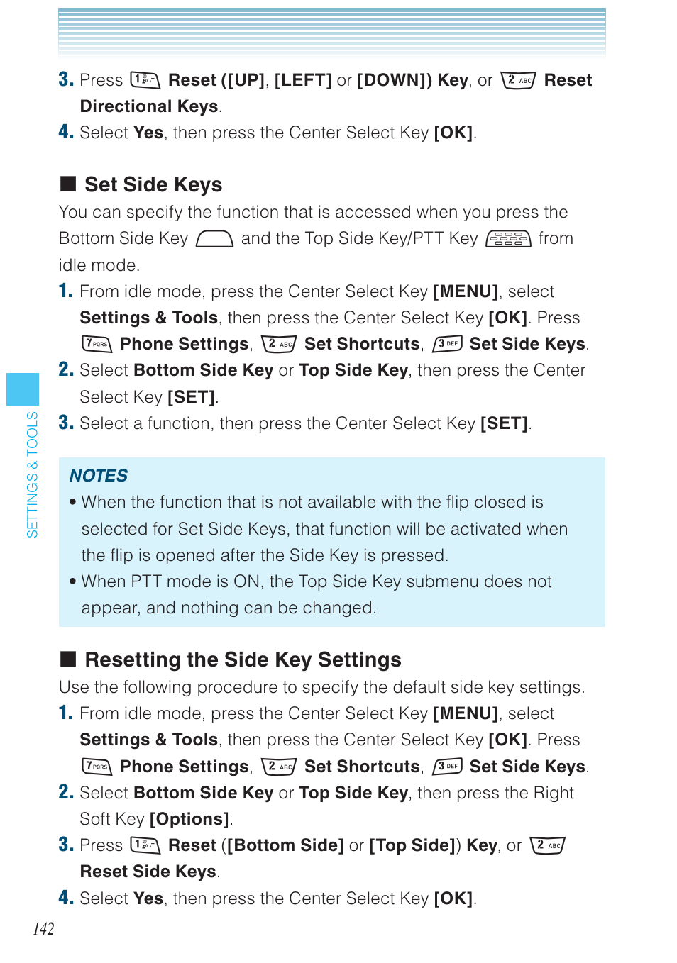 Set side keys, Resetting the side key settings | Casio G'zOne Rock User Manual | Page 143 / 201