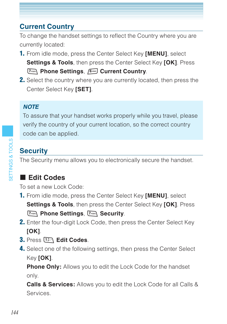 Current country, Security, Edit codes | Casio G'zOne Rock User Manual | Page 145 / 201