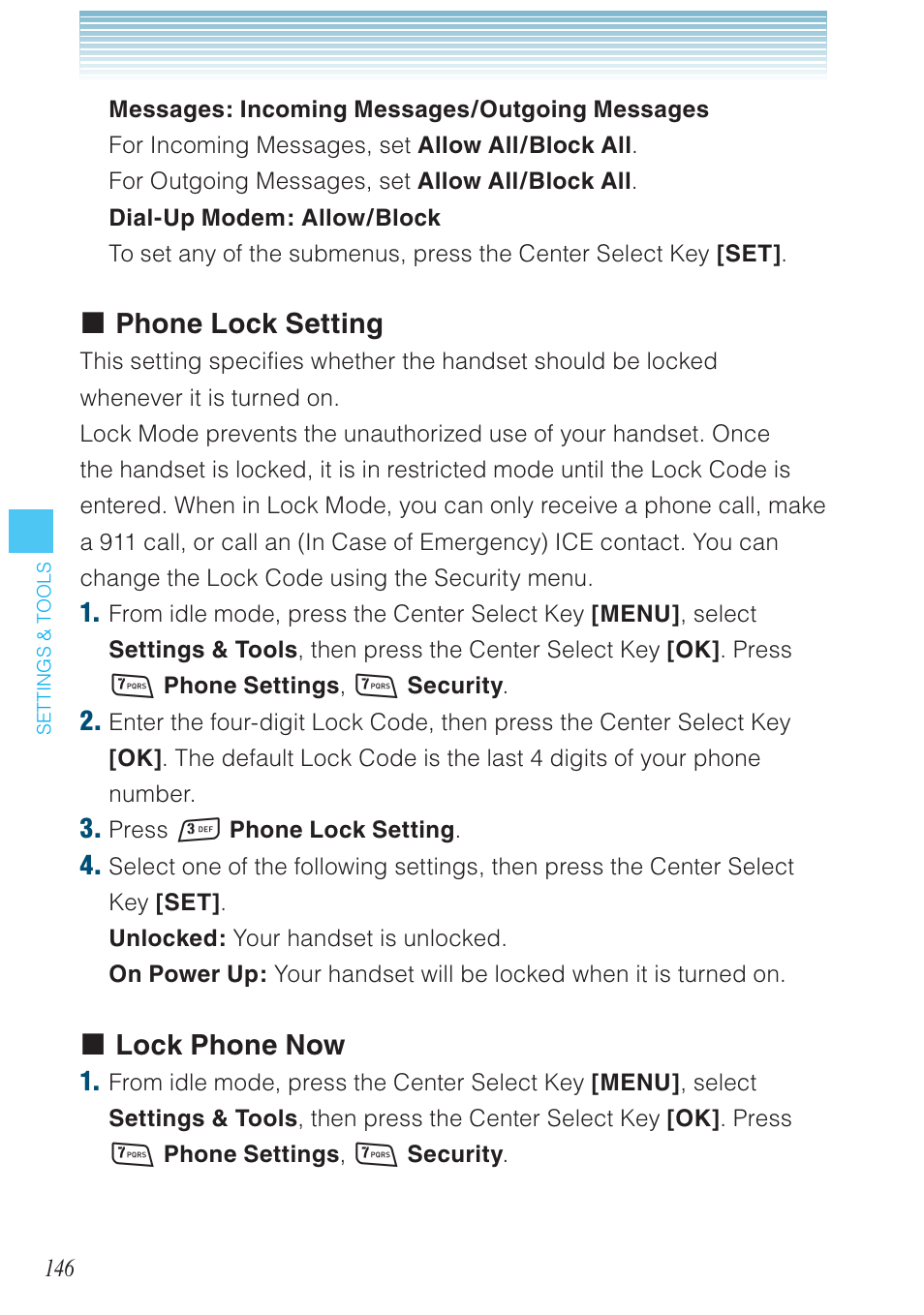 Phone lock setting, Lock phone now | Casio G'zOne Rock User Manual | Page 147 / 201