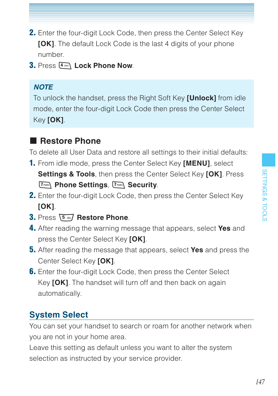 Restore phone, System select | Casio G'zOne Rock User Manual | Page 148 / 201