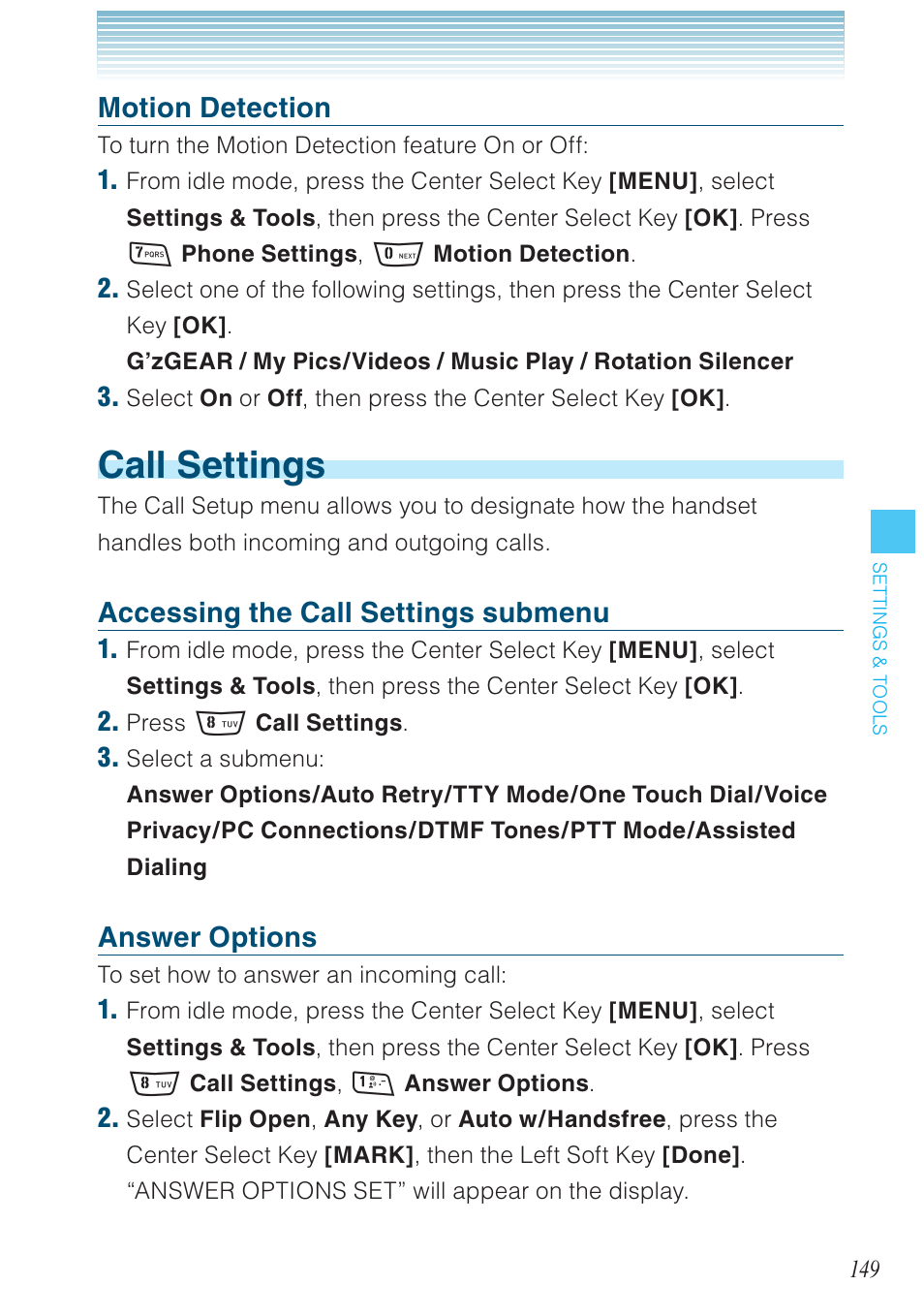 Call settings, Motion detection, Accessing the call settings submenu | Answer options | Casio G'zOne Rock User Manual | Page 150 / 201