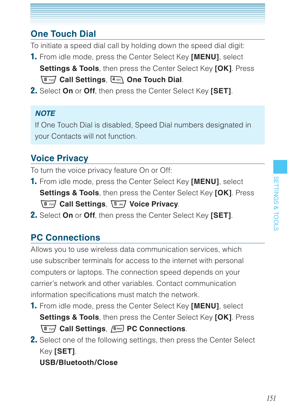One touch dial, Voice privacy, Pc connections | Casio G'zOne Rock User Manual | Page 152 / 201