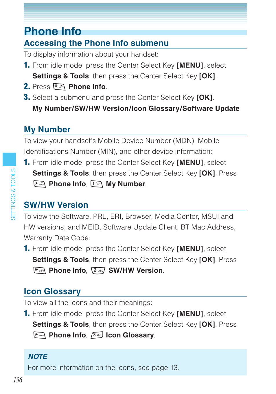 Phone info, Accessing the phone info submenu, My number | Sw/hw version, Icon glossary | Casio G'zOne Rock User Manual | Page 157 / 201