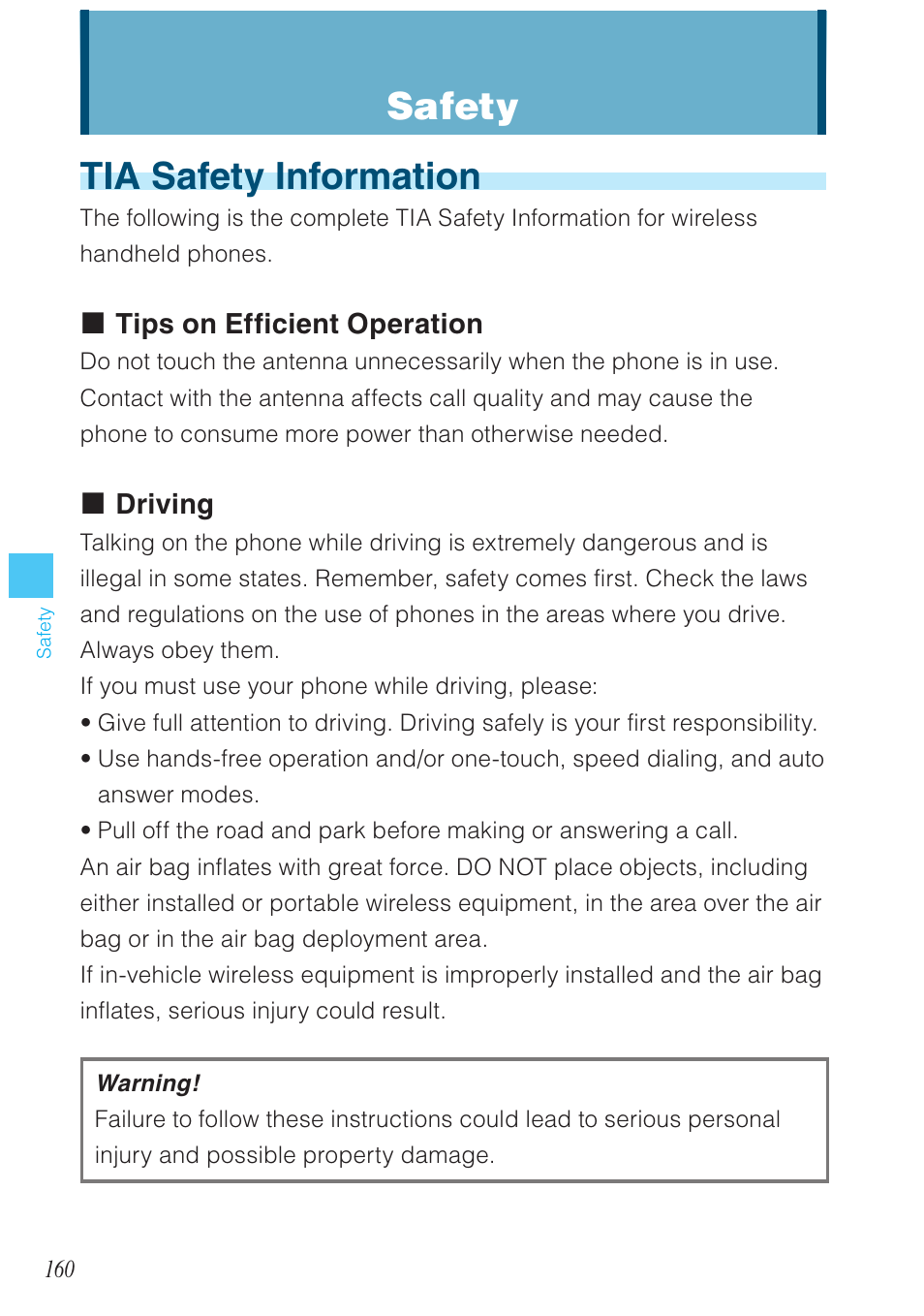Tia safety information, Safety, Tips on efficient operation | Driving | Casio G'zOne Rock User Manual | Page 161 / 201